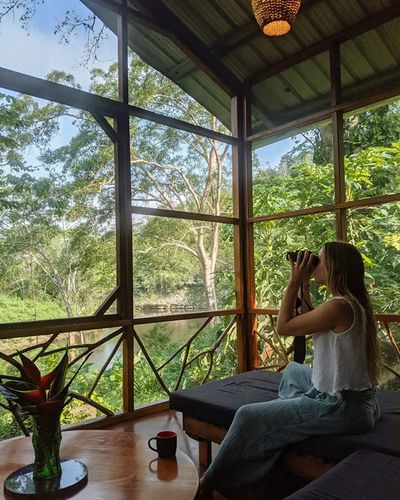 woman looking outside to natural view from screened verandah