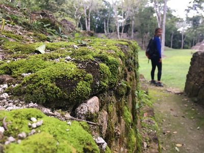 mayan ruin mossy rock with women in background