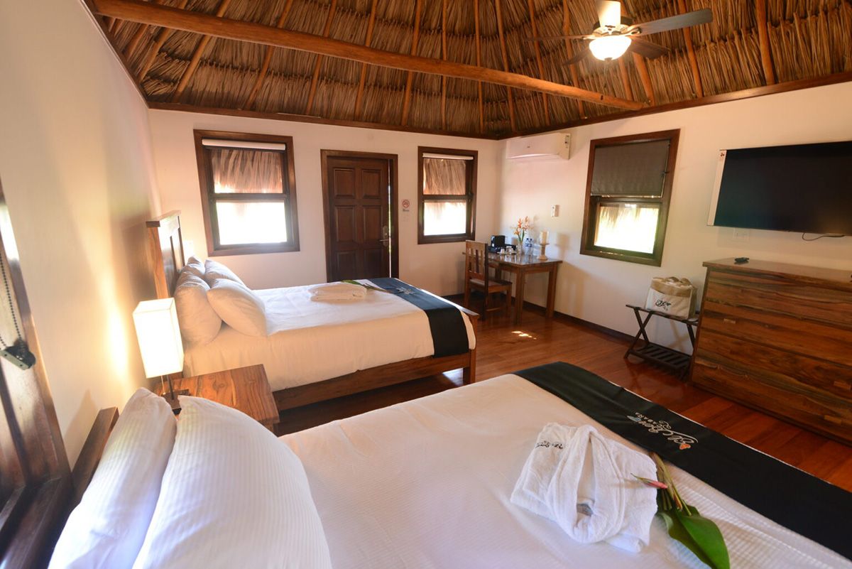 double bedroom with thatch roof