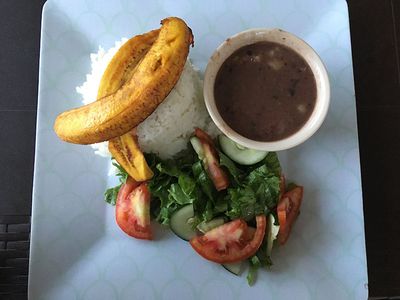 plate with beans veggies and plantains