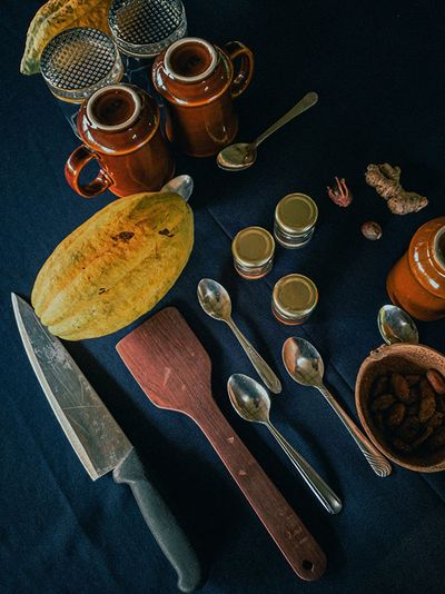 top view of cacao with kitchen utensils