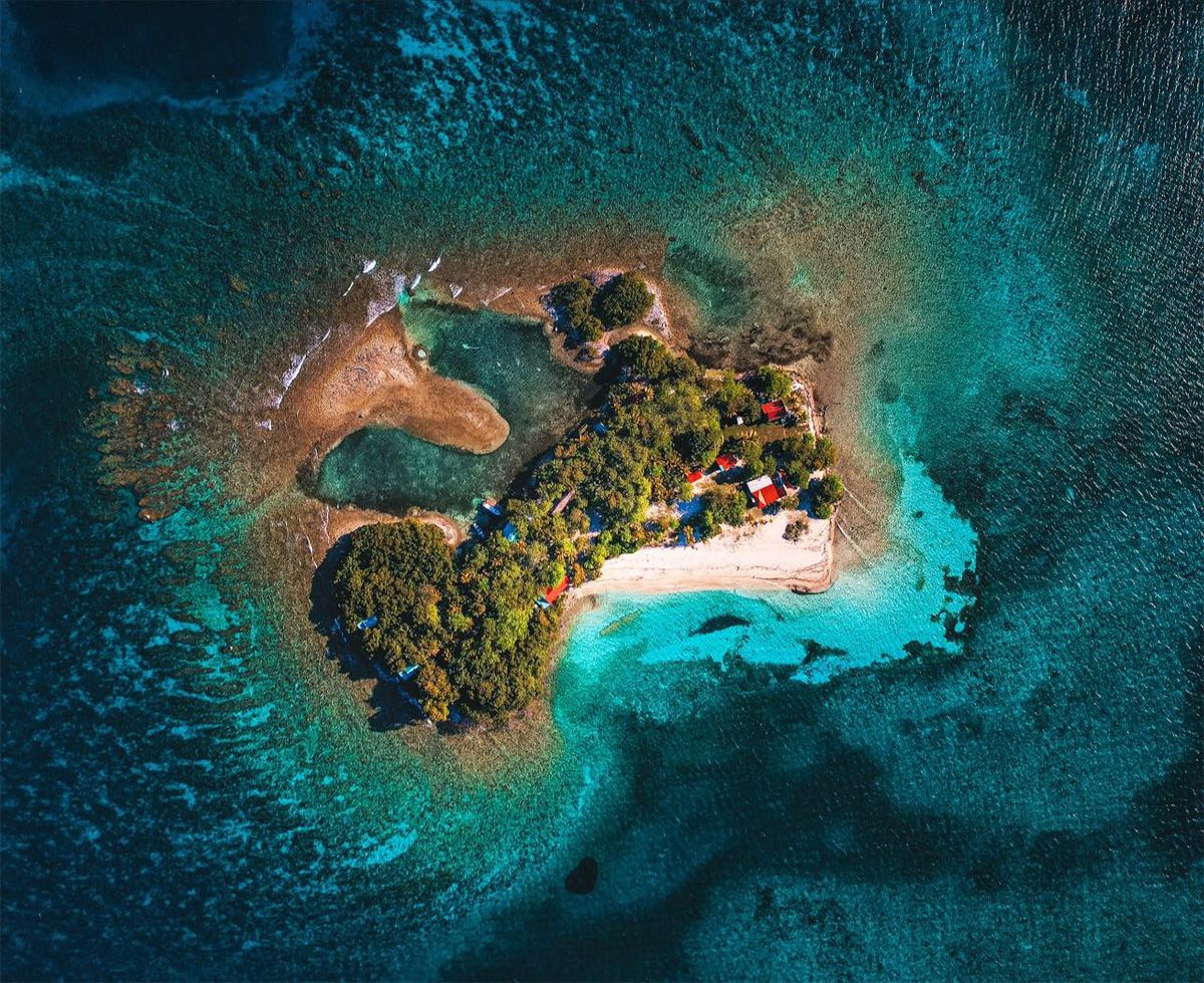 tiny island with turqoise water in front and coconut trees
