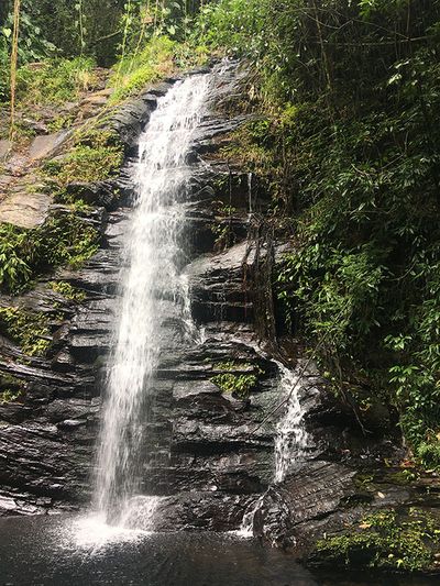 waterfall with black rocks