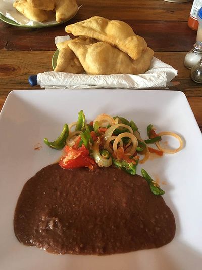 fry jacks, beans and roasted veggies