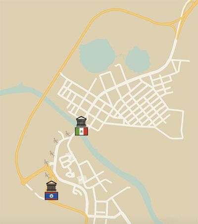 The Old border has a short distance of only 1km in distance and the bridge can legally be crossed by foot old border crossing illustration