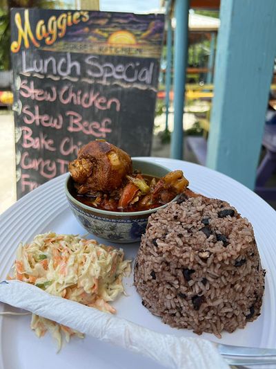rice chicken and salad on plate in front of food sign