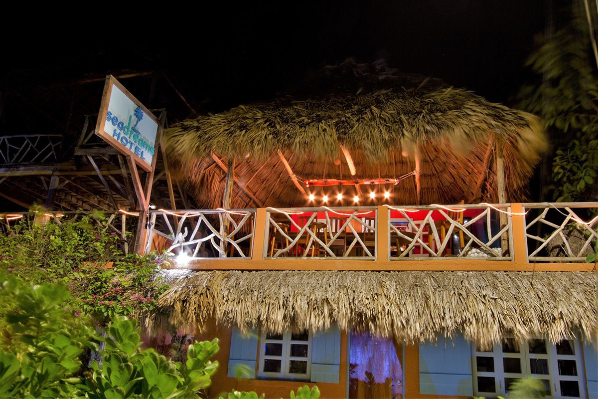 rooftop patio with lights and signage