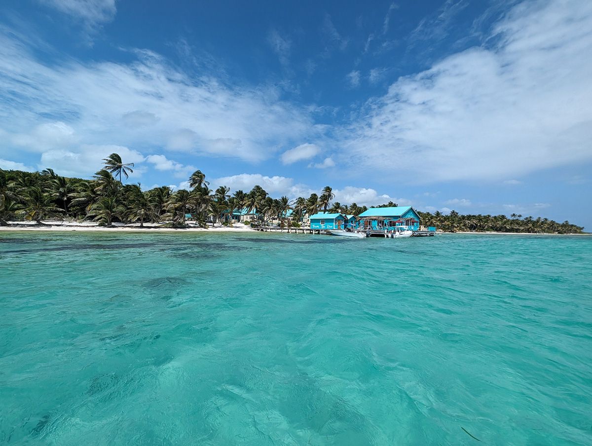 clear turquoise water with house and palm trees