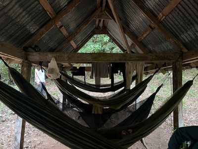 Hammocks at Victoria Peak base camp hammocks under a zinc roof