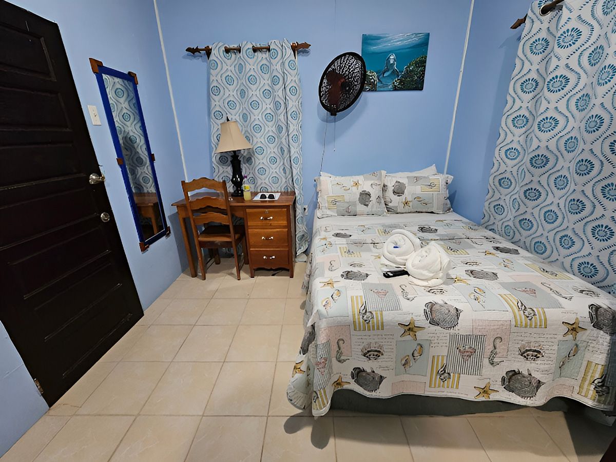 small room with blue walls and bed