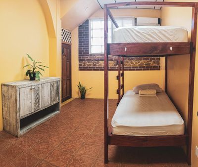 bunk beds in yellow room with sun shining inside